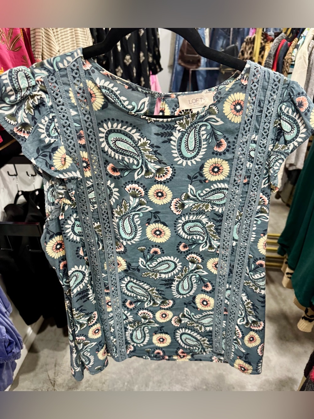 LOFT Teal Paisley Floral Lace-Trim Blouse